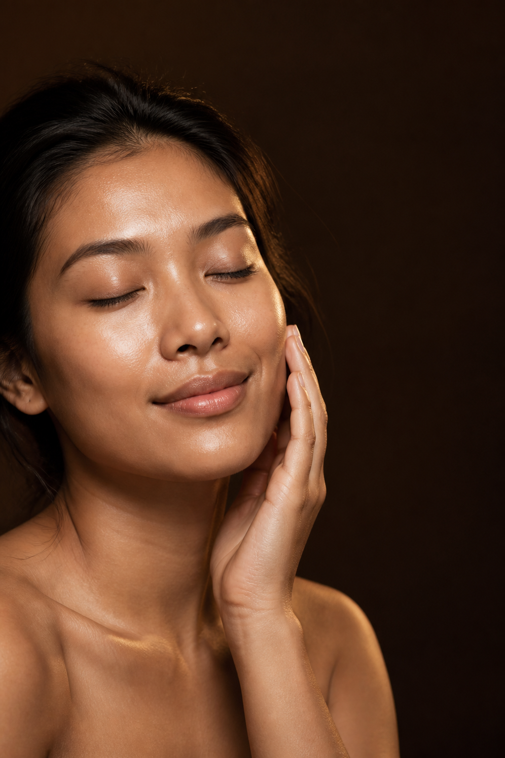 Woman gently touching her hydrated skin
